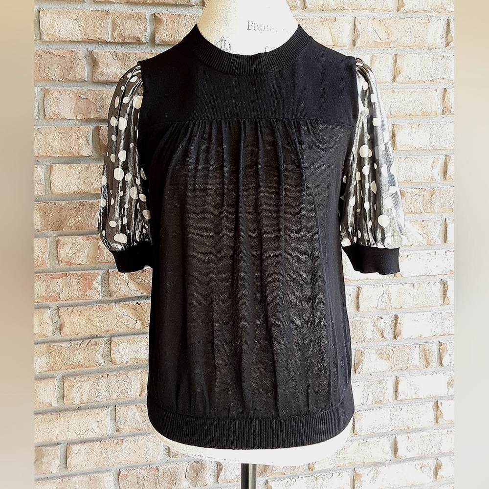 Current Air Los Angeles Semi Sheer Blouse with Polka Dot Metallic Sleeve.